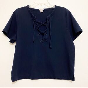 J. Crew Navy Blue Lace Up Short Sleeve Top Size L